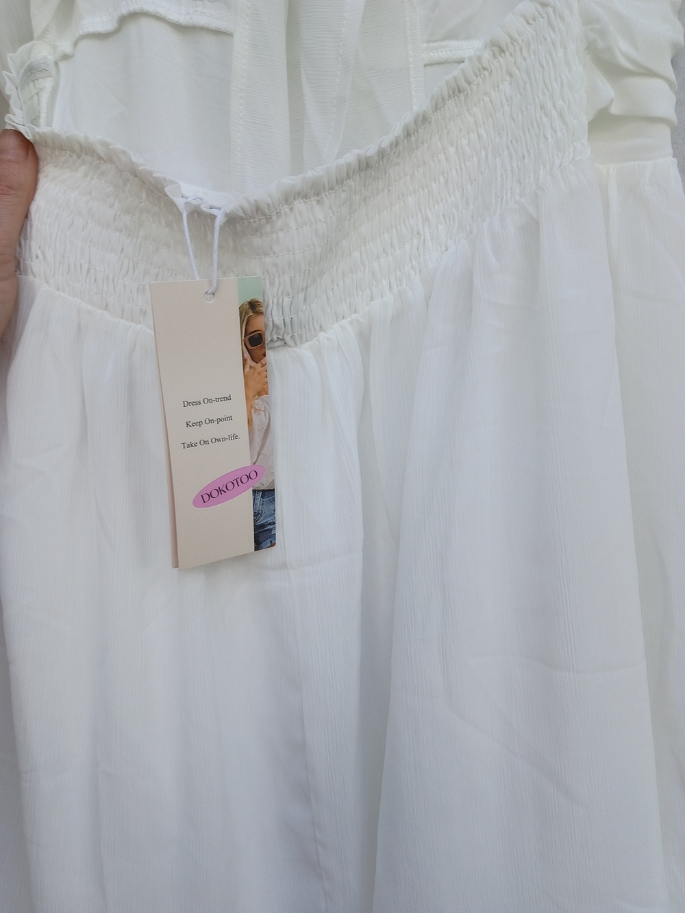 White Mini Dress with Ruffled Hem and Draped Waist - Picture 3 of 5
